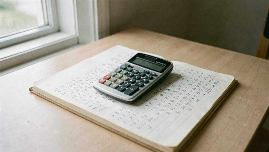 Une calculatrice de bureau posée sur un cahier à colonnes couvert de chiffres manuscrits, table claire, lumière de fenêtre à gauche, plan large.