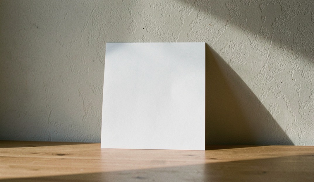 Une carte imprimée vierge posée debout contre un mur clair sur un plan de travail, ombre portée nette à droite, lumière de studio, plan large.