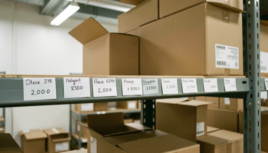 Des étiquettes de prix manuscrites alignées sur une étagère de réserve, cartons entrouverts en arrière-plan, lumière blanche d’entrepôt, plan moyen.