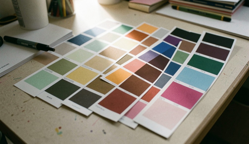 Un nuancier de couleurs imprimées déployé en éventail sur un plan de travail, textures de papier visibles, lumière rasante qui révèle le grain.