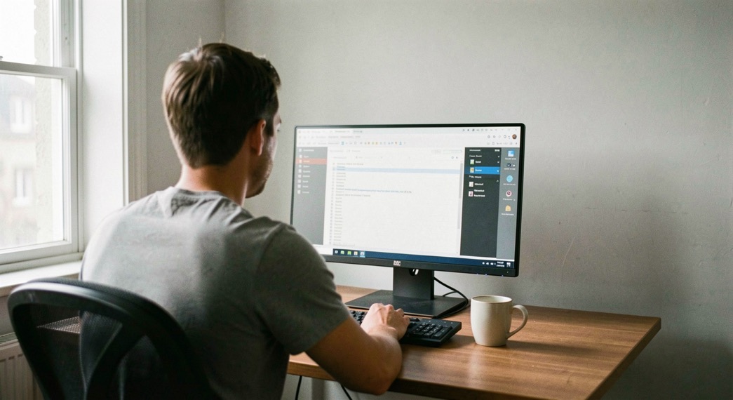 Une personne de dos devant un écran dans un bureau simple, une tasse posée à côté du clavier, lumière de fenêtre à gauche, sans visage visible.