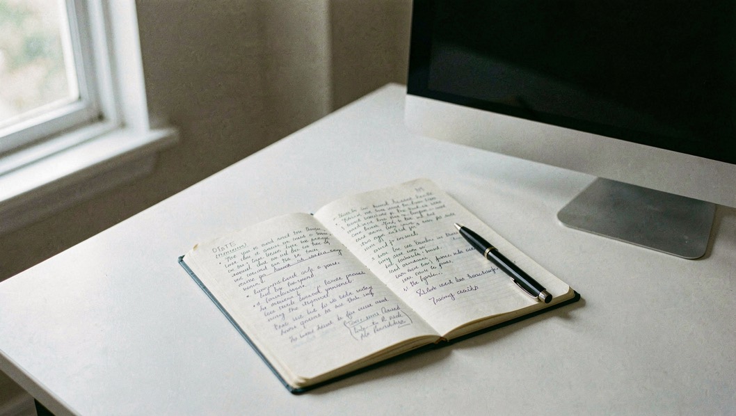 Un carnet ouvert couvert de notes manuscrites et un stylo posés sur un bureau clair, écran éteint au second plan, lumière de fenêtre, vue de dessus.